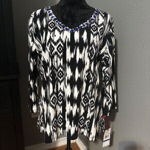 Ruby Rd Top XL Black White Ikat Blue Beaded Neckline Monochrome‎ 3/4 Sleeve NWT